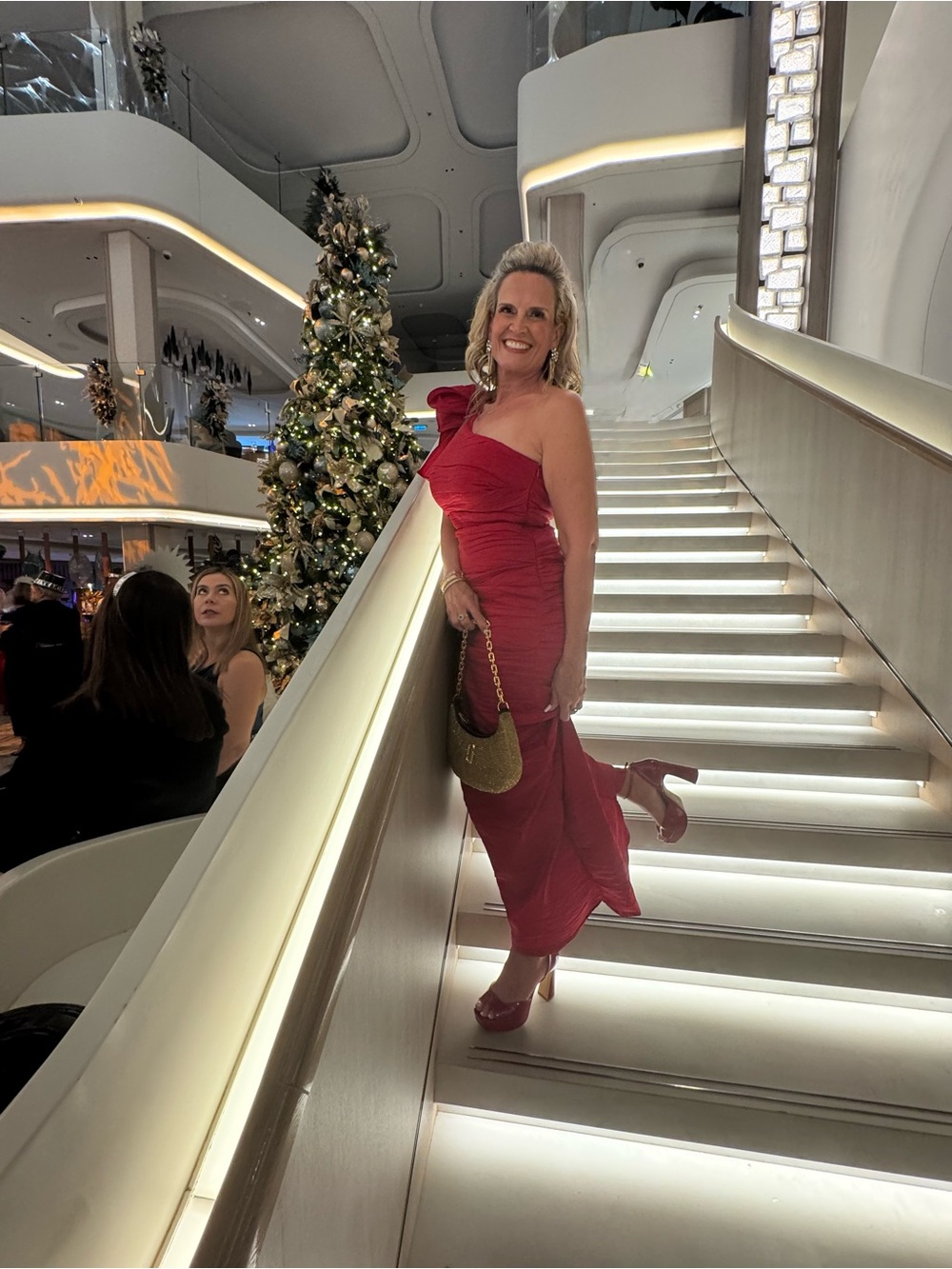 Alex Evenings Crimson One-Shoulder Evening Gown with Statement Bow